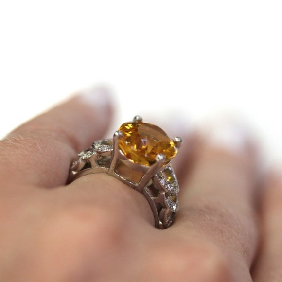7.2 ctw Natural Yellow Citrine & Diamond Cocktail Ring 14K White Gold - Picture 6 of 7